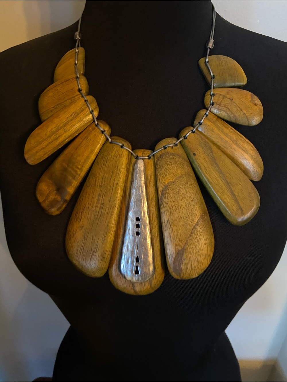 Chico's Olive-Tone Wooden Statement Necklace with Hammered Metal Accent